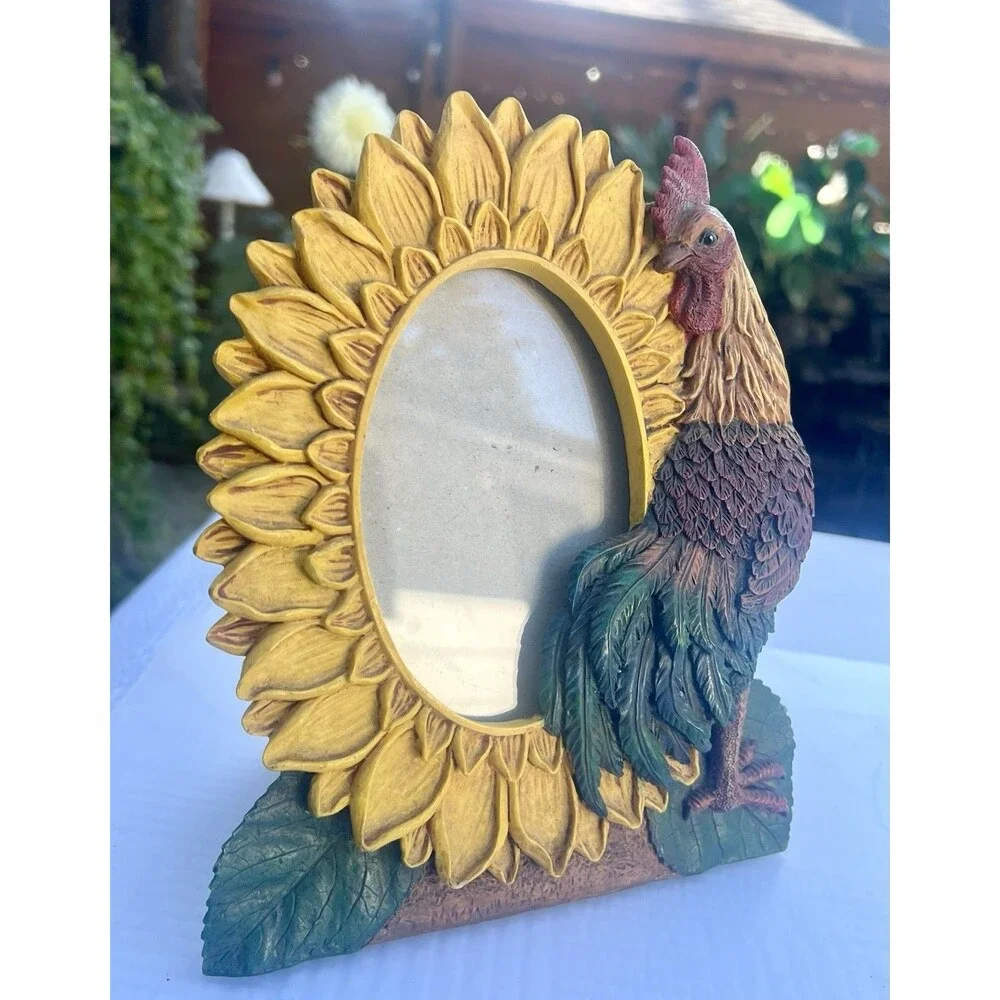 Vintage Rooster Sunflower Picture Frame 8x7 Farmhouse Cottagecore Country Decor